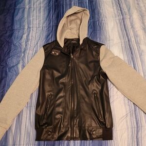 Black Faux Leather Jacket with Gray Hoodie